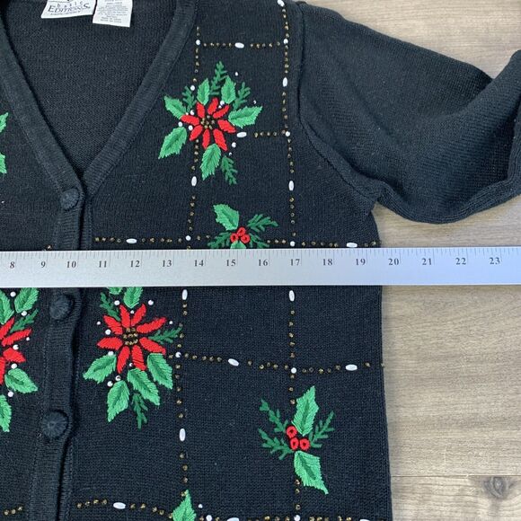 VTG Basic Edition Ugly Sweater Cardigan Holiday Embroidered Poinsettias Small - Picture 4 of 10